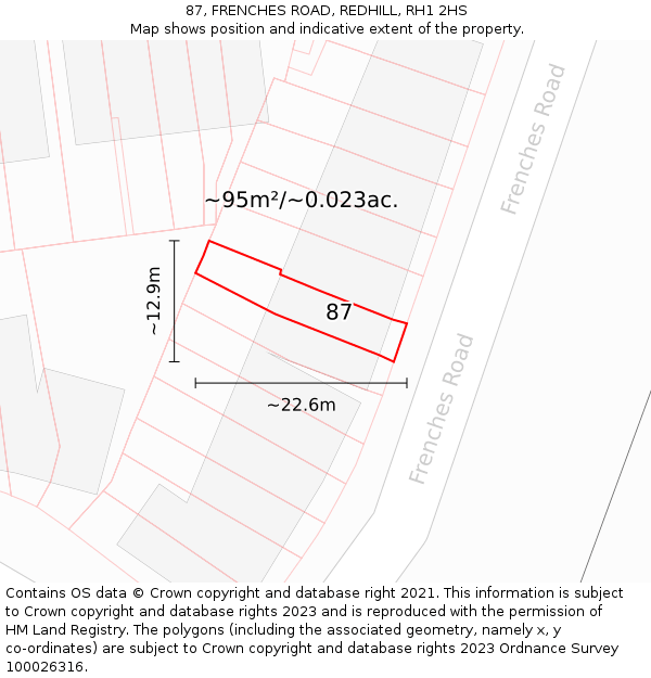 87, FRENCHES ROAD, REDHILL, RH1 2HS: Plot and title map