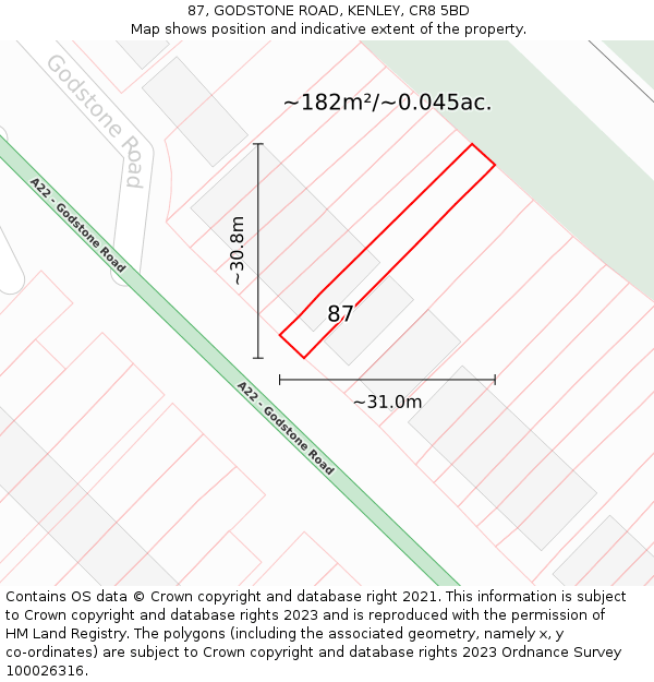 87, GODSTONE ROAD, KENLEY, CR8 5BD: Plot and title map