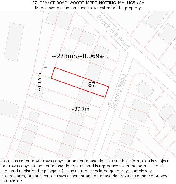 87, GRANGE ROAD, WOODTHORPE, NOTTINGHAM, NG5 4GA: Plot and title map