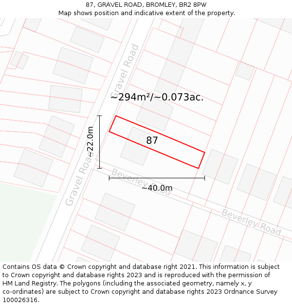 87, GRAVEL ROAD, BROMLEY, BR2 8PW: Plot and title map