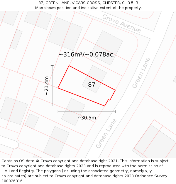 87, GREEN LANE, VICARS CROSS, CHESTER, CH3 5LB: Plot and title map