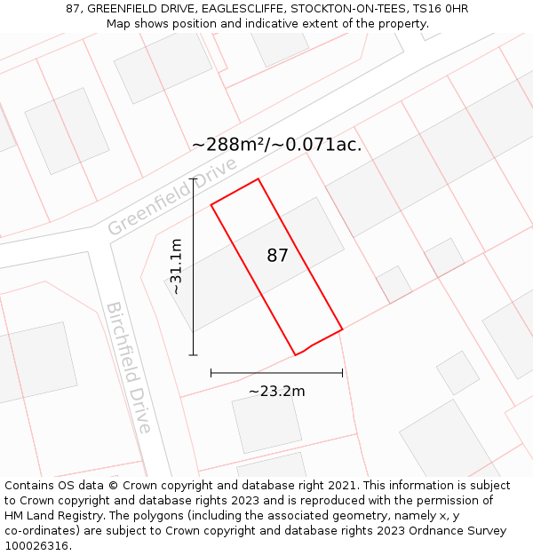 87, GREENFIELD DRIVE, EAGLESCLIFFE, STOCKTON-ON-TEES, TS16 0HR: Plot and title map