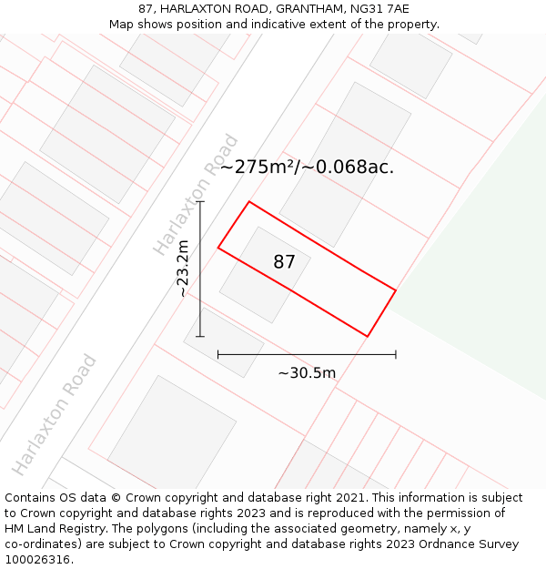 87, HARLAXTON ROAD, GRANTHAM, NG31 7AE: Plot and title map