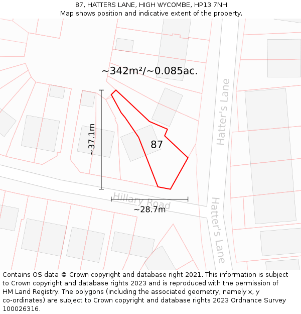 87, HATTERS LANE, HIGH WYCOMBE, HP13 7NH: Plot and title map