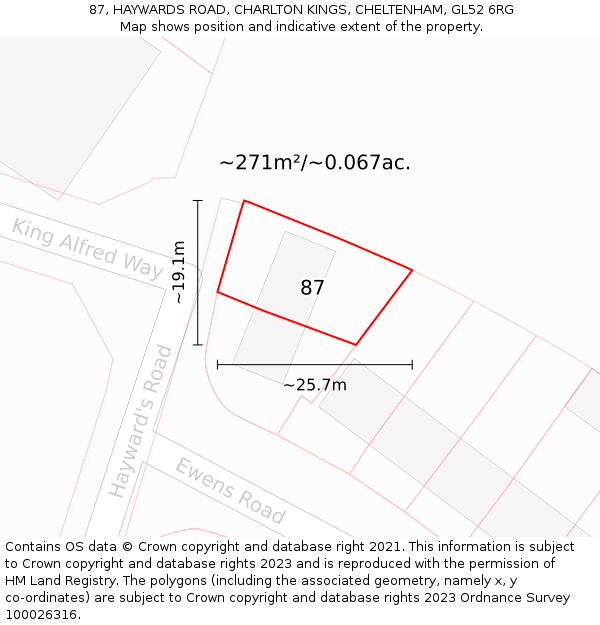 87, HAYWARDS ROAD, CHARLTON KINGS, CHELTENHAM, GL52 6RG: Plot and title map