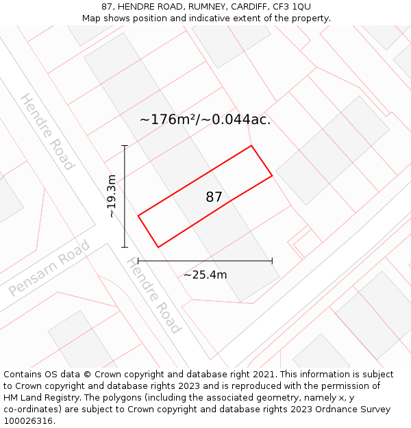 87, HENDRE ROAD, RUMNEY, CARDIFF, CF3 1QU: Plot and title map