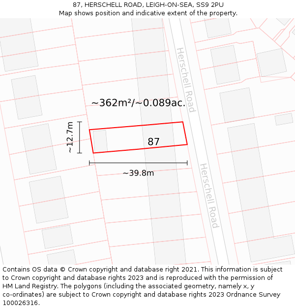 87, HERSCHELL ROAD, LEIGH-ON-SEA, SS9 2PU: Plot and title map