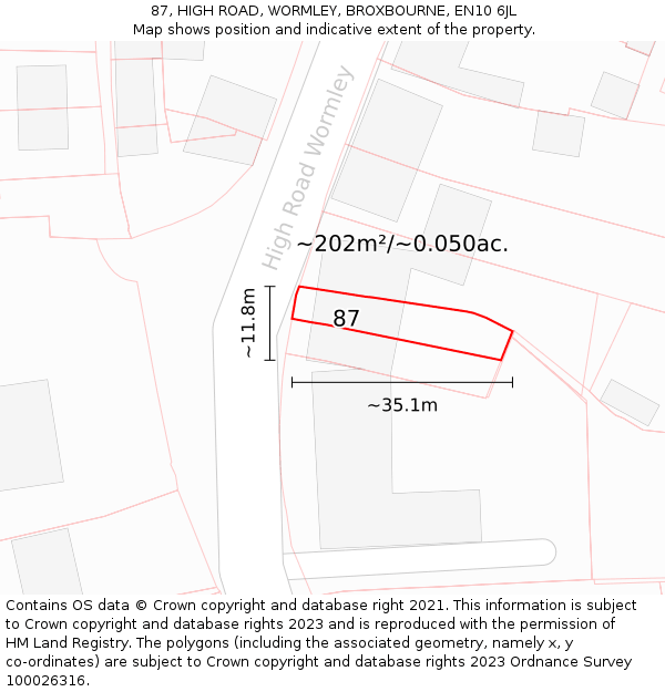 87, HIGH ROAD, WORMLEY, BROXBOURNE, EN10 6JL: Plot and title map