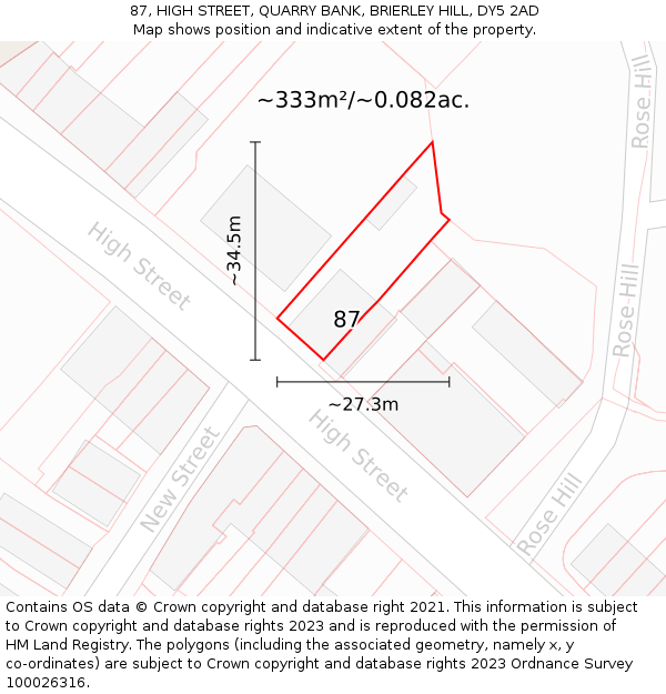 87, HIGH STREET, QUARRY BANK, BRIERLEY HILL, DY5 2AD: Plot and title map