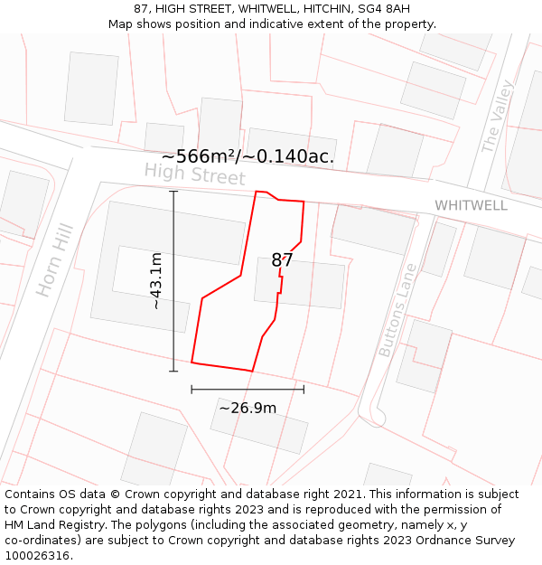 87, HIGH STREET, WHITWELL, HITCHIN, SG4 8AH: Plot and title map