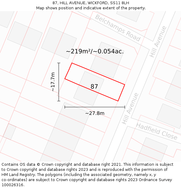 87, HILL AVENUE, WICKFORD, SS11 8LH: Plot and title map