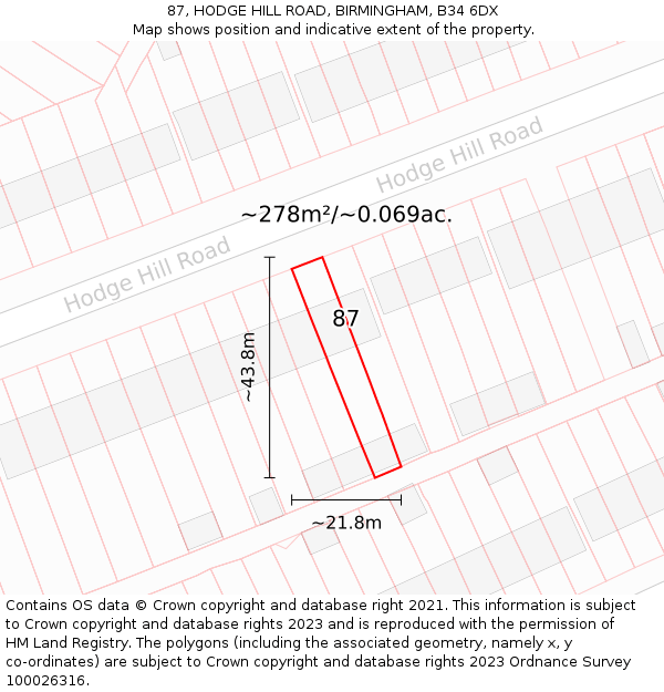 87, HODGE HILL ROAD, BIRMINGHAM, B34 6DX: Plot and title map