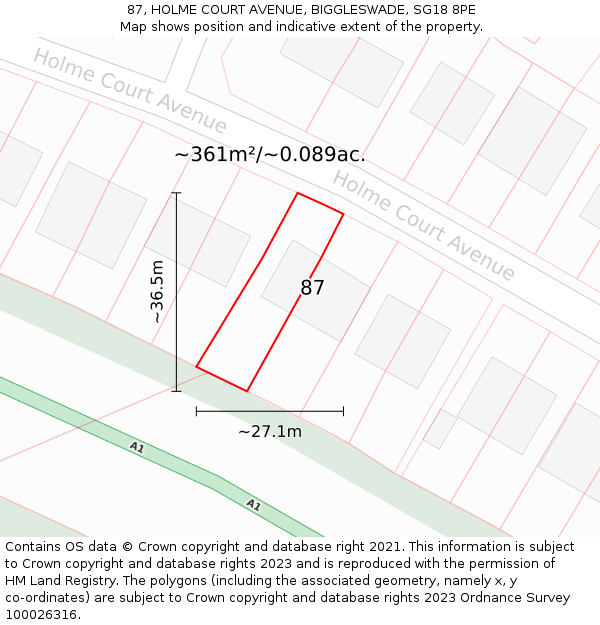 87, HOLME COURT AVENUE, BIGGLESWADE, SG18 8PE: Plot and title map