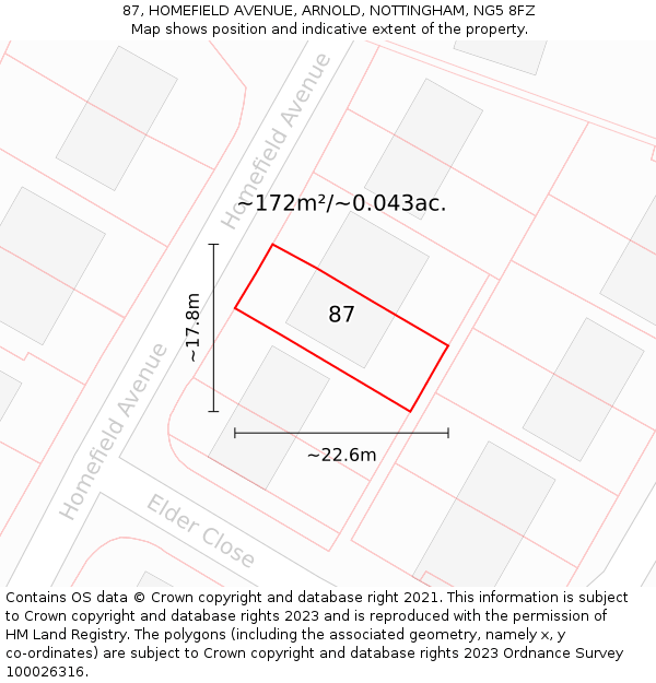 87, HOMEFIELD AVENUE, ARNOLD, NOTTINGHAM, NG5 8FZ: Plot and title map