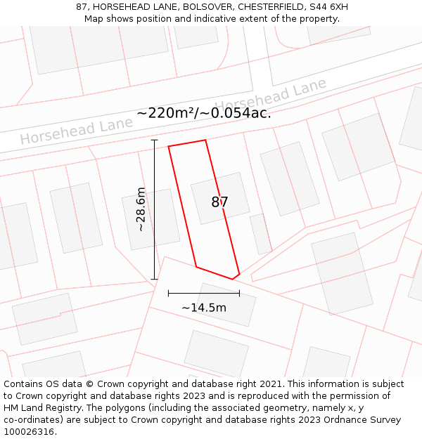 87, HORSEHEAD LANE, BOLSOVER, CHESTERFIELD, S44 6XH: Plot and title map