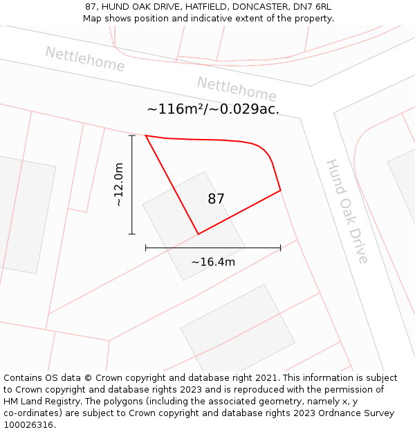 87, HUND OAK DRIVE, HATFIELD, DONCASTER, DN7 6RL: Plot and title map