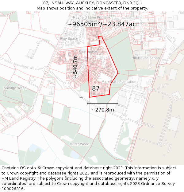 87, INSALL WAY, AUCKLEY, DONCASTER, DN9 3QH: Plot and title map