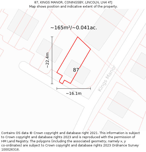 87, KINGS MANOR, CONINGSBY, LINCOLN, LN4 4TJ: Plot and title map