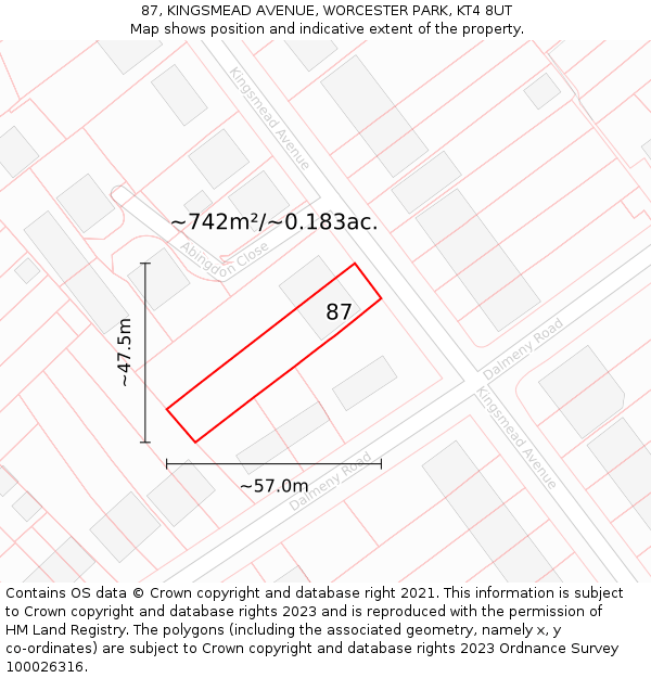 87, KINGSMEAD AVENUE, WORCESTER PARK, KT4 8UT: Plot and title map