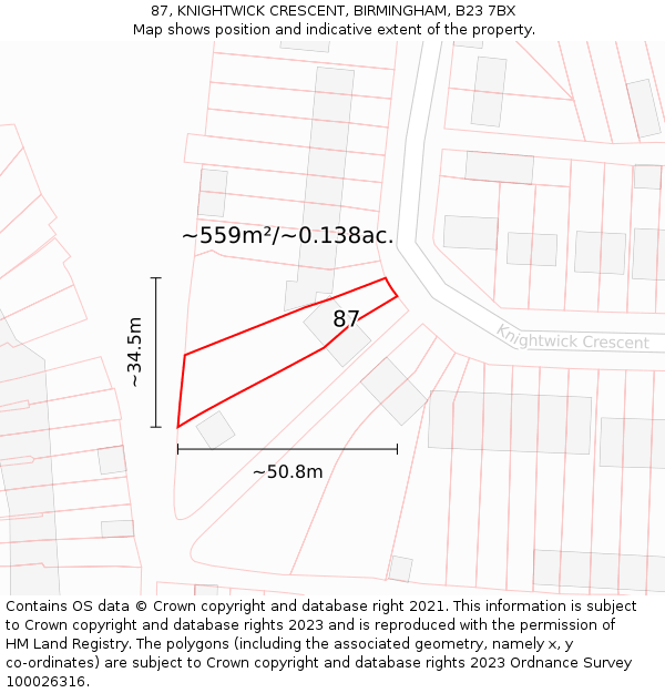 87, KNIGHTWICK CRESCENT, BIRMINGHAM, B23 7BX: Plot and title map