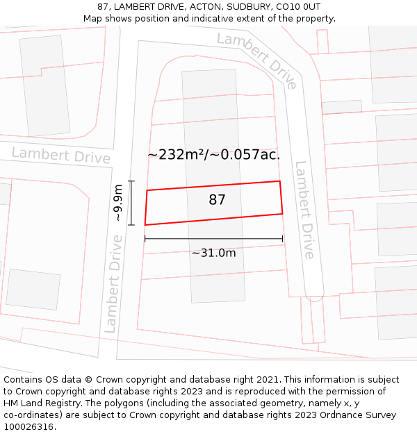 87, LAMBERT DRIVE, ACTON, SUDBURY, CO10 0UT: Plot and title map