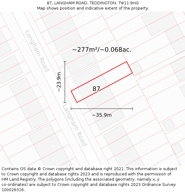 87, LANGHAM ROAD, TEDDINGTON, TW11 9HG: Plot and title map