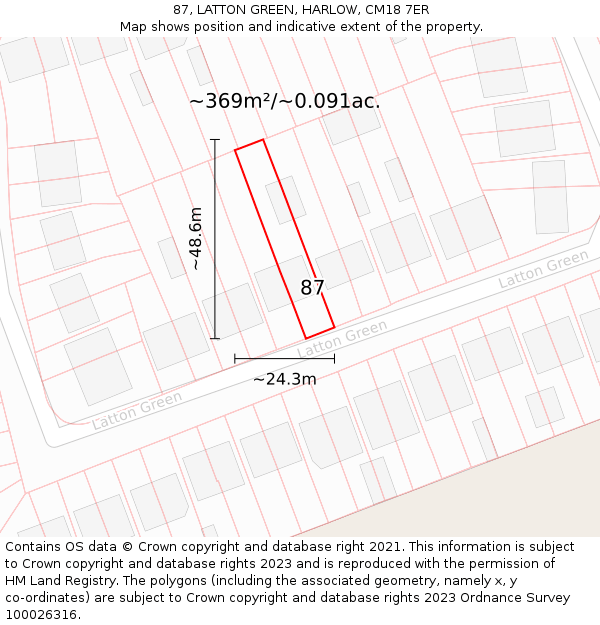 87, LATTON GREEN, HARLOW, CM18 7ER: Plot and title map