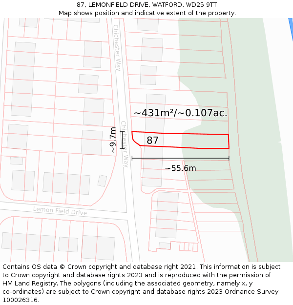 87, LEMONFIELD DRIVE, WATFORD, WD25 9TT: Plot and title map