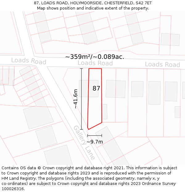 87, LOADS ROAD, HOLYMOORSIDE, CHESTERFIELD, S42 7ET: Plot and title map