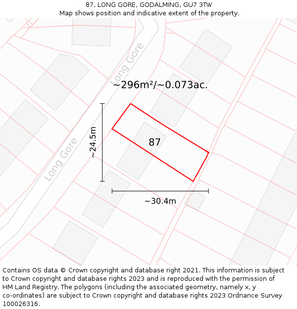 87, LONG GORE, GODALMING, GU7 3TW: Plot and title map