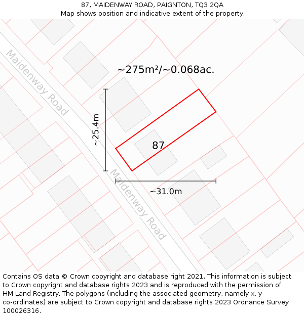 87, MAIDENWAY ROAD, PAIGNTON, TQ3 2QA: Plot and title map