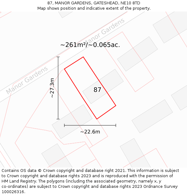 87, MANOR GARDENS, GATESHEAD, NE10 8TD: Plot and title map