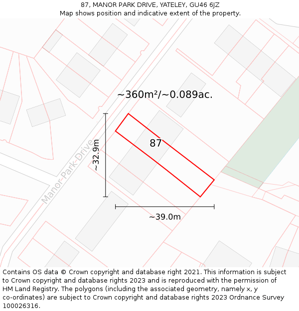 87, MANOR PARK DRIVE, YATELEY, GU46 6JZ: Plot and title map