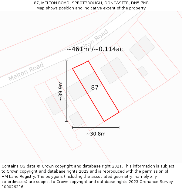 87, MELTON ROAD, SPROTBROUGH, DONCASTER, DN5 7NR: Plot and title map