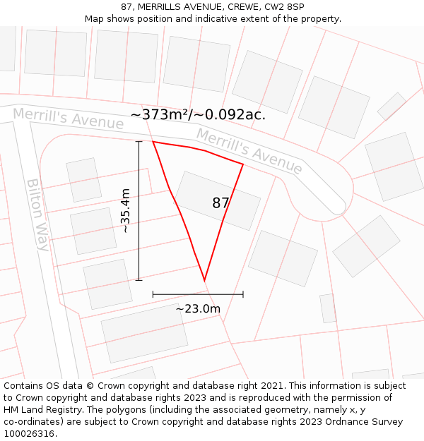 87, MERRILLS AVENUE, CREWE, CW2 8SP: Plot and title map