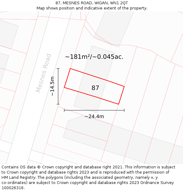 87, MESNES ROAD, WIGAN, WN1 2QT: Plot and title map