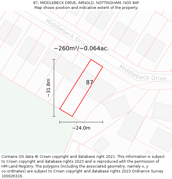 87, MIDDLEBECK DRIVE, ARNOLD, NOTTINGHAM, NG5 8AF: Plot and title map