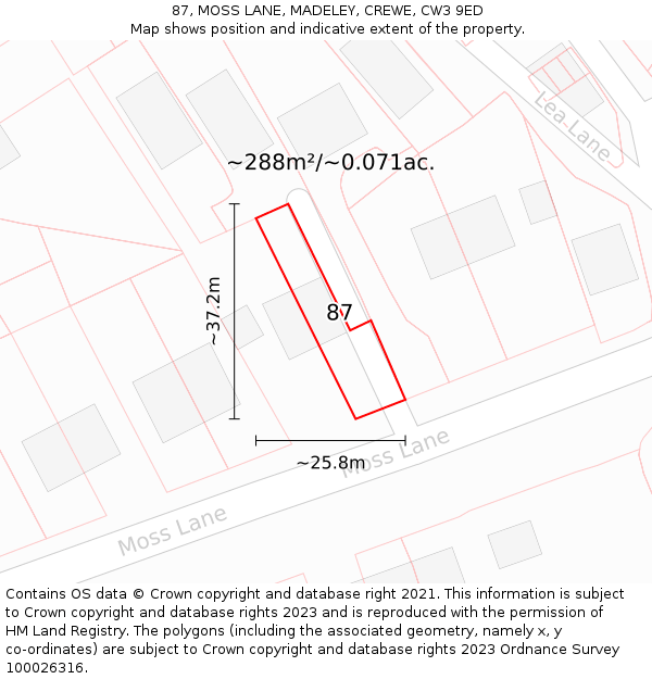 87, MOSS LANE, MADELEY, CREWE, CW3 9ED: Plot and title map