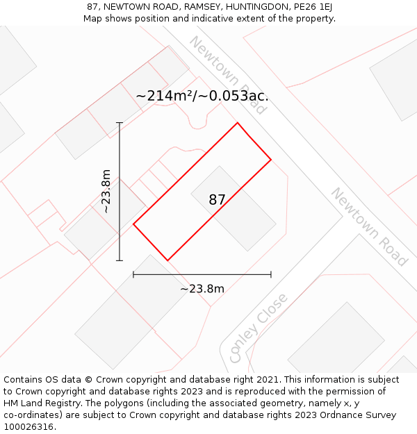 87, NEWTOWN ROAD, RAMSEY, HUNTINGDON, PE26 1EJ: Plot and title map