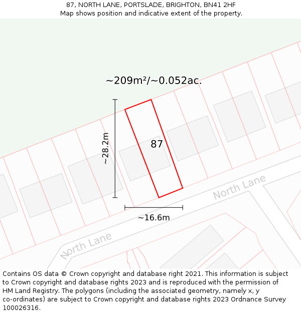 87, NORTH LANE, PORTSLADE, BRIGHTON, BN41 2HF: Plot and title map