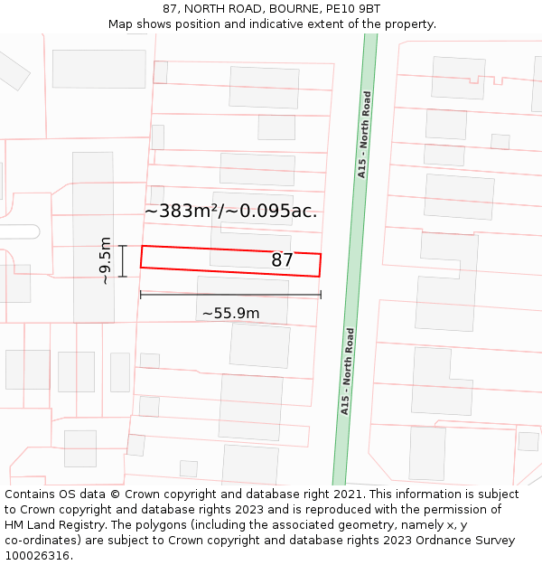 87, NORTH ROAD, BOURNE, PE10 9BT: Plot and title map