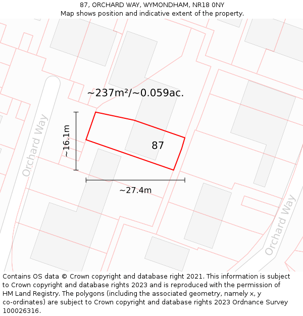 87, ORCHARD WAY, WYMONDHAM, NR18 0NY: Plot and title map