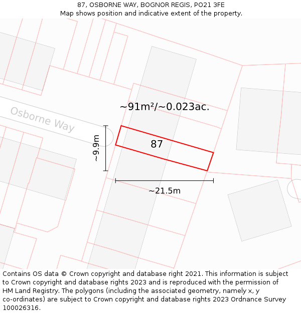 87, OSBORNE WAY, BOGNOR REGIS, PO21 3FE: Plot and title map