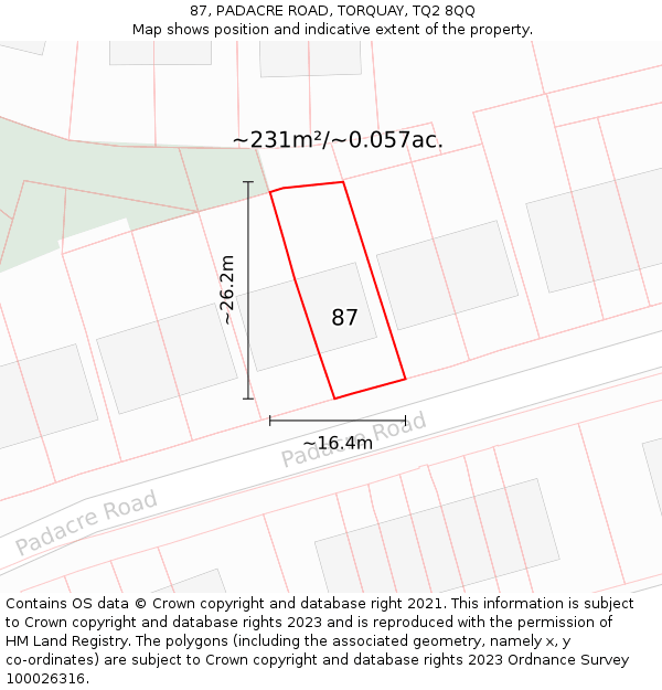 87, PADACRE ROAD, TORQUAY, TQ2 8QQ: Plot and title map