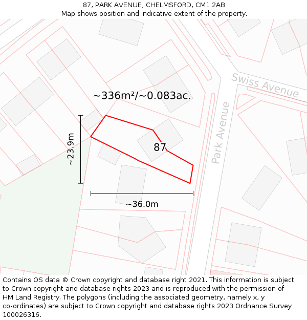 87, PARK AVENUE, CHELMSFORD, CM1 2AB: Plot and title map