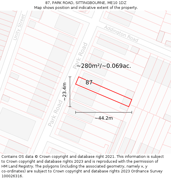 87, PARK ROAD, SITTINGBOURNE, ME10 1DZ: Plot and title map