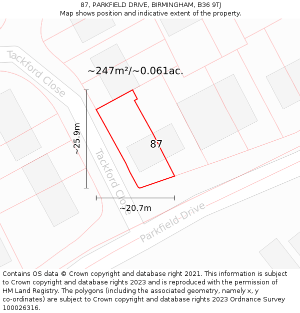 87, PARKFIELD DRIVE, BIRMINGHAM, B36 9TJ: Plot and title map