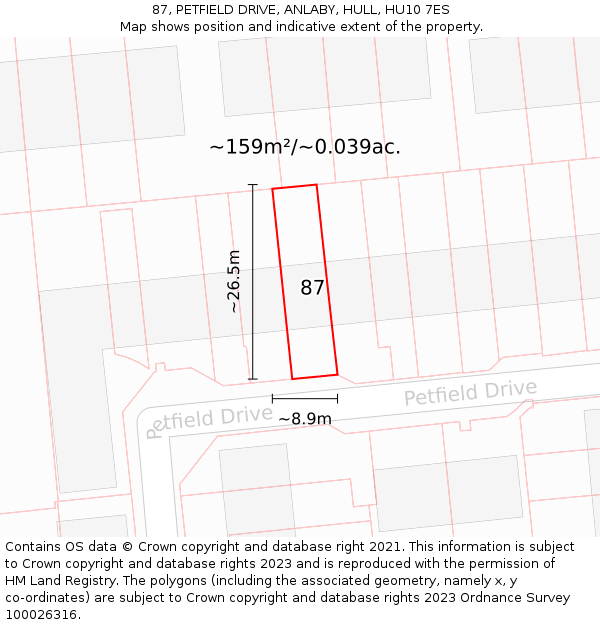 87, PETFIELD DRIVE, ANLABY, HULL, HU10 7ES: Plot and title map