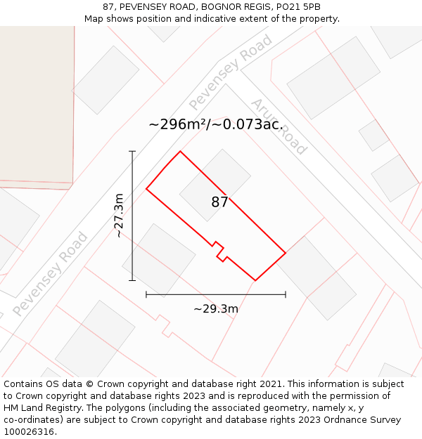 87, PEVENSEY ROAD, BOGNOR REGIS, PO21 5PB: Plot and title map