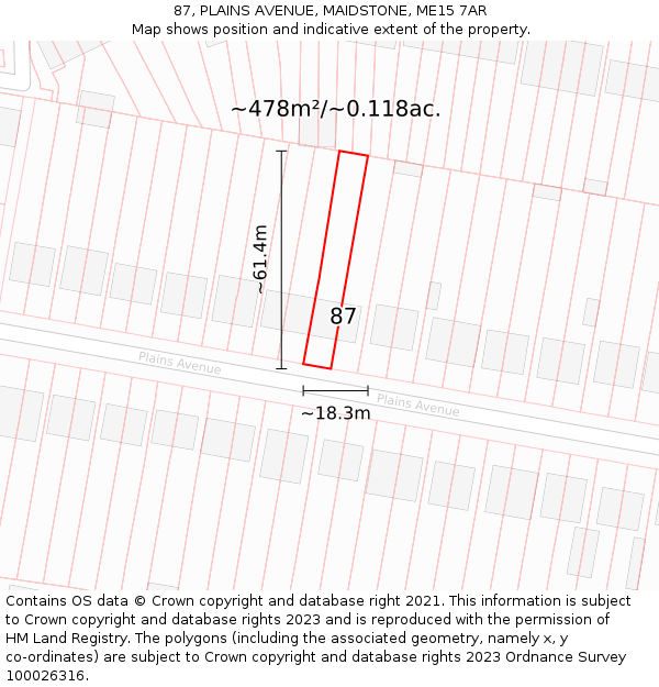 87, PLAINS AVENUE, MAIDSTONE, ME15 7AR: Plot and title map